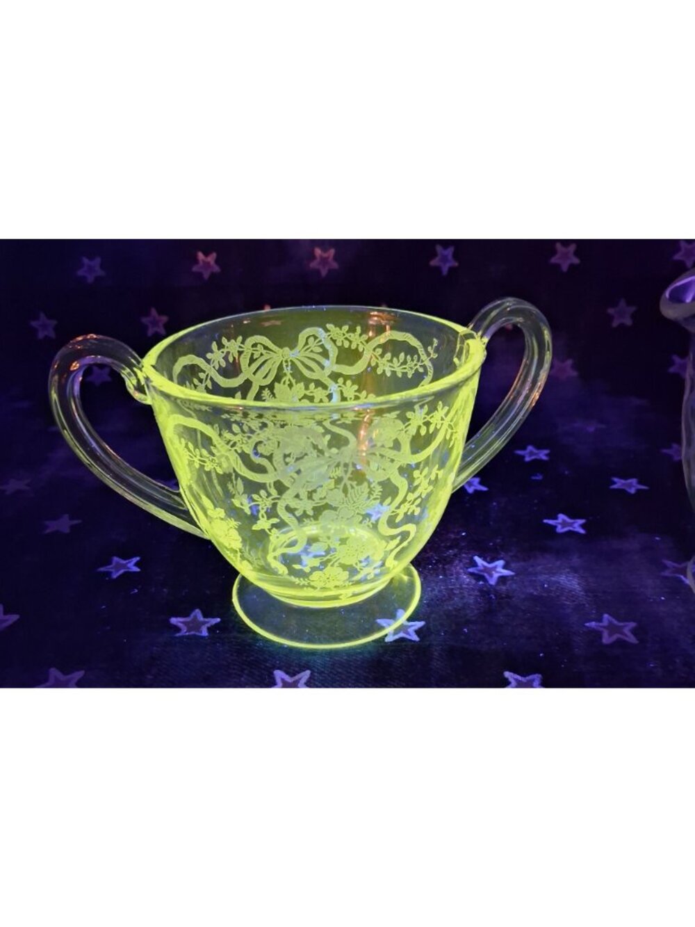 VTG 1940s Fostoria Romance Crystal Creamer Sugar Bowl Set Floral & Ribbon Etched - Picture 13 of 14